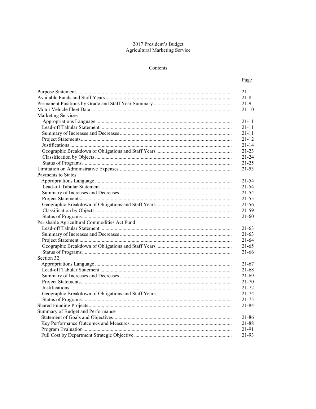 2017 President's Budget Agricultural Marketing Service Contents