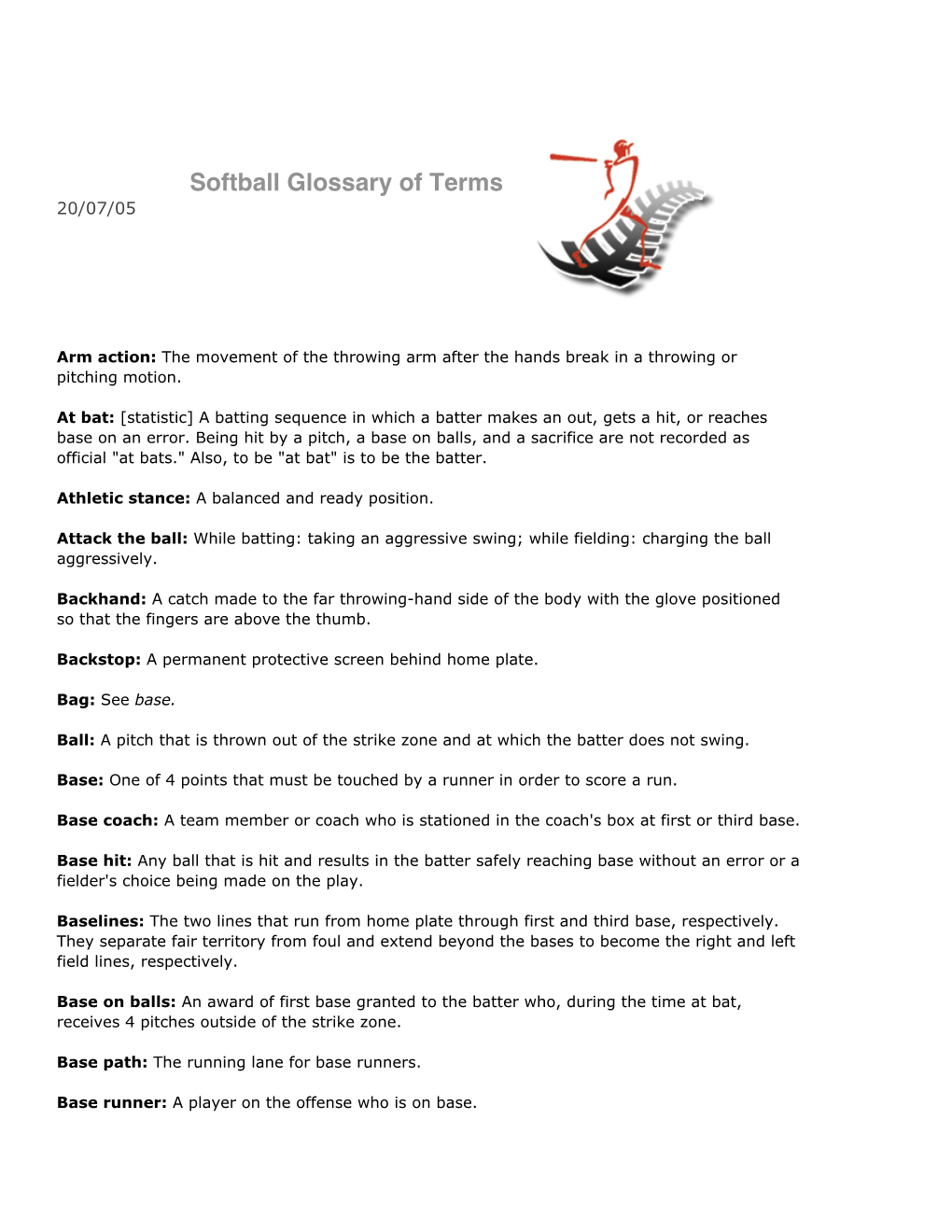 Softball Glossary of Terms 20/07/05