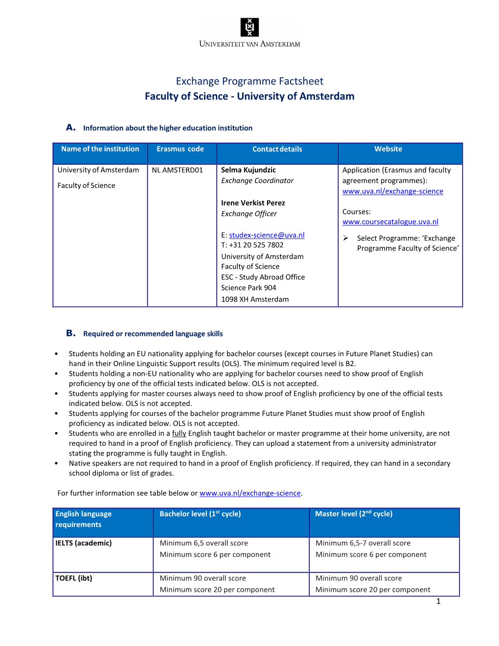 Exchange Programme Factsheet Faculty of Science - University of Amsterdam