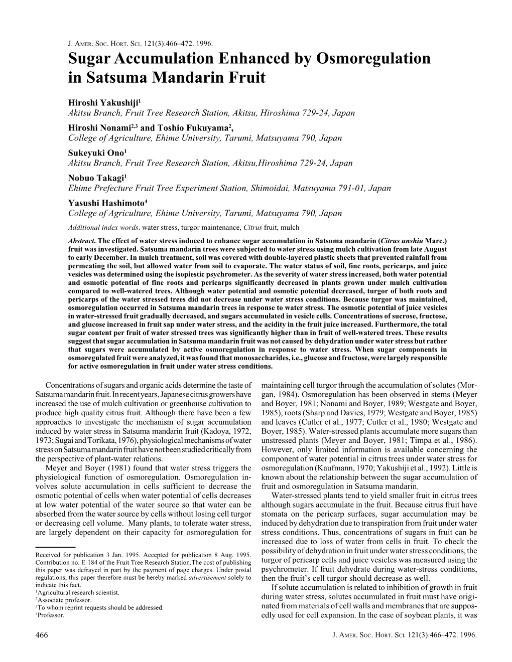 Sugar Accumulation Enhanced by Osmoregulation in Satsuma Mandarin Fruit