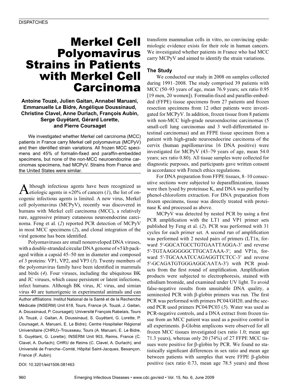 Merkel Cell Polyomavirus Strains in Patients with Merkel Cell Carcinoma