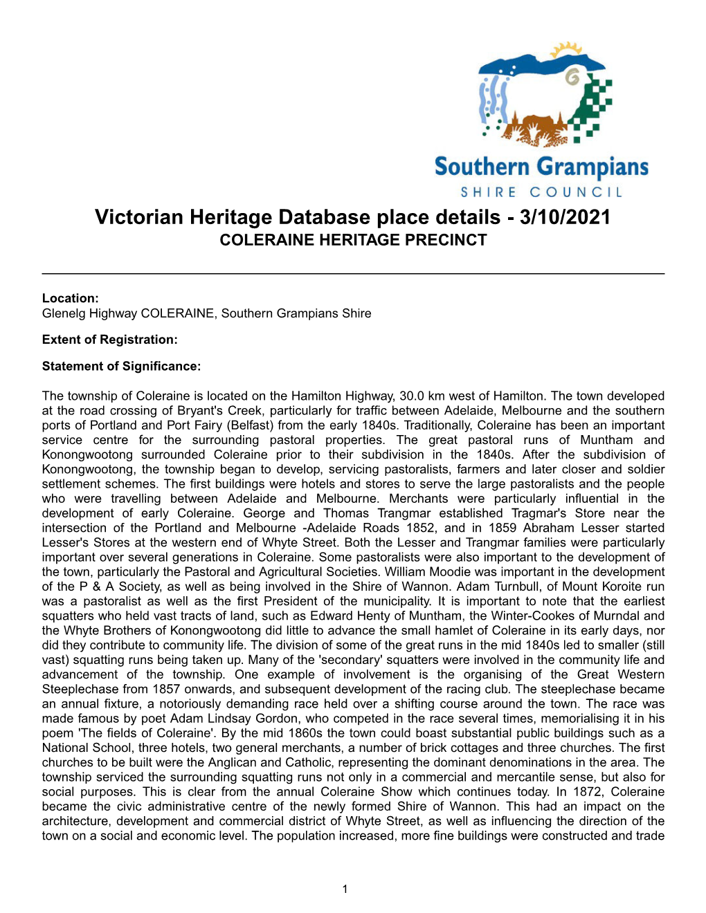 Victorian Heritage Database Place Details - 3/10/2021 COLERAINE HERITAGE PRECINCT