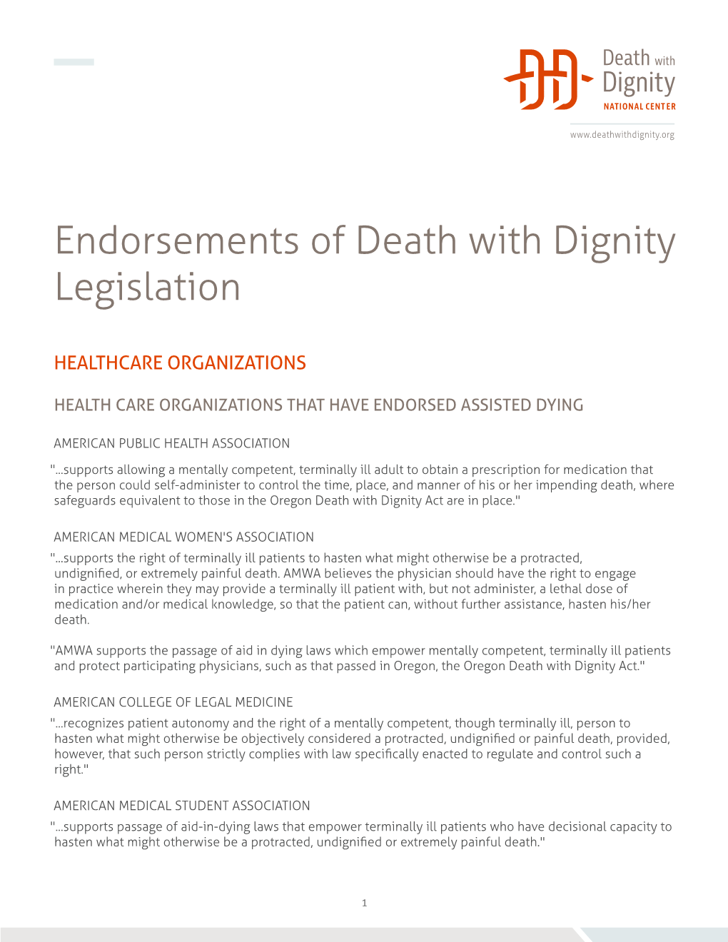 Endorsements of Death with Dignity Legislation
