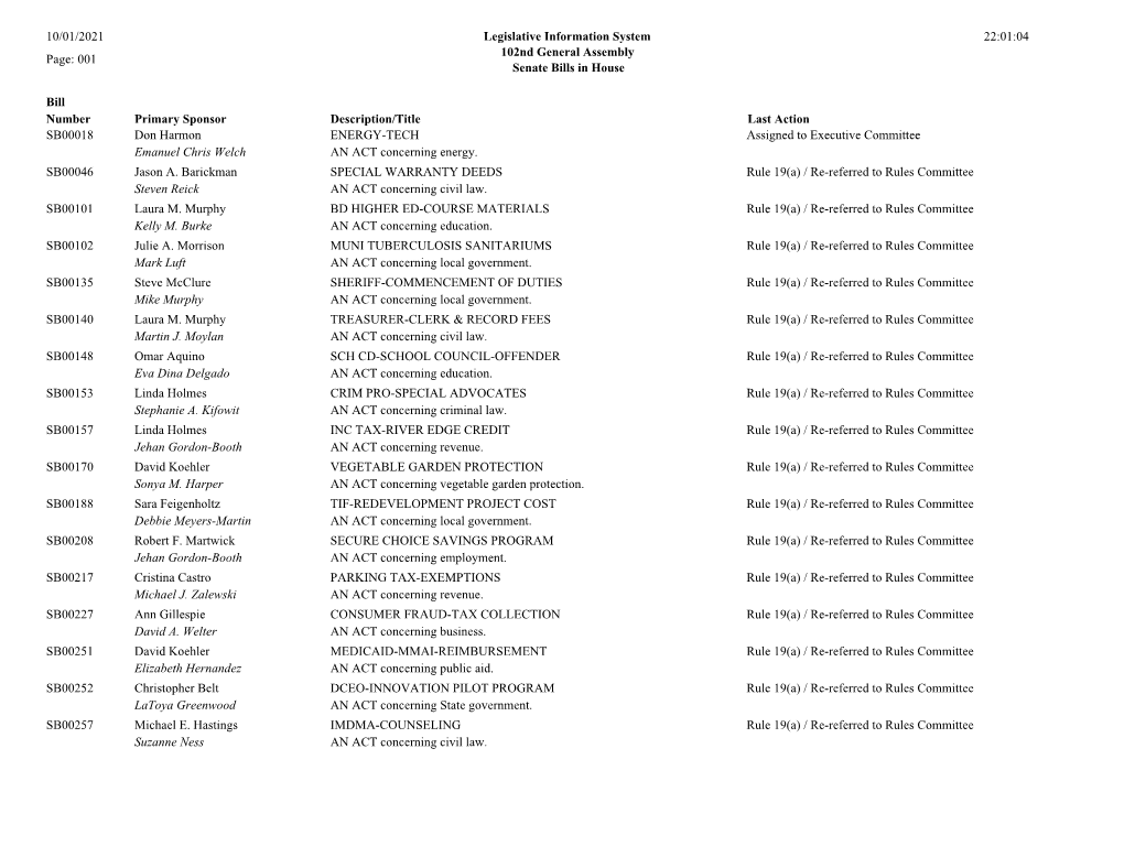 001 102Nd General Assembly Senate Bills in House Bill Number Primary Sp