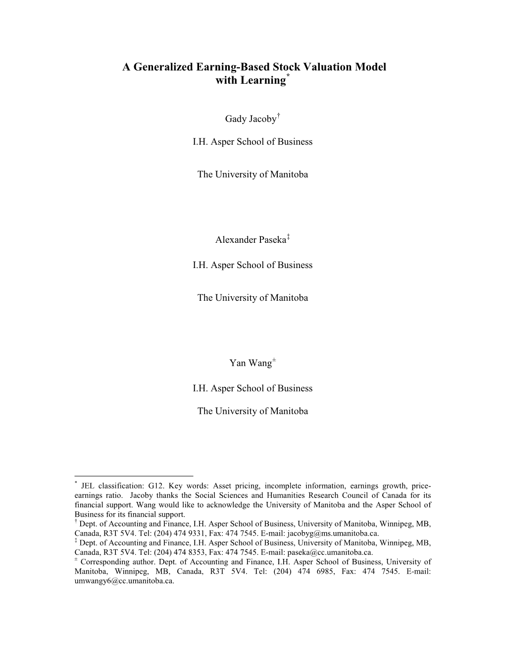 A Generalized Earning-Based Stock Valuation Model with Learning*