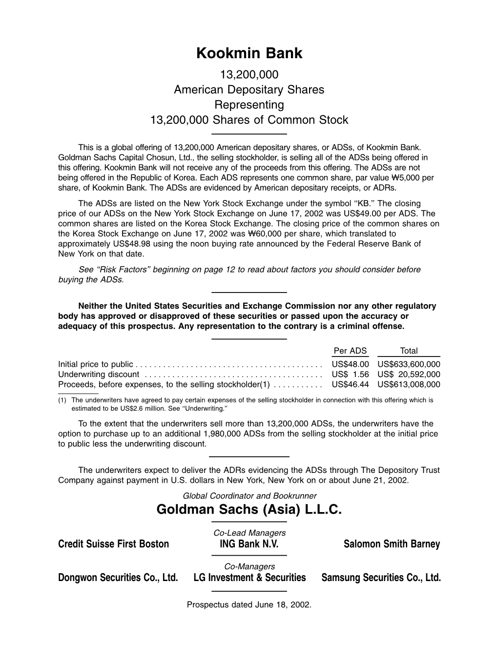 Kookmin Bank 13,200,000 American Depositary Shares Representing 13,200,000 Shares of Common Stock