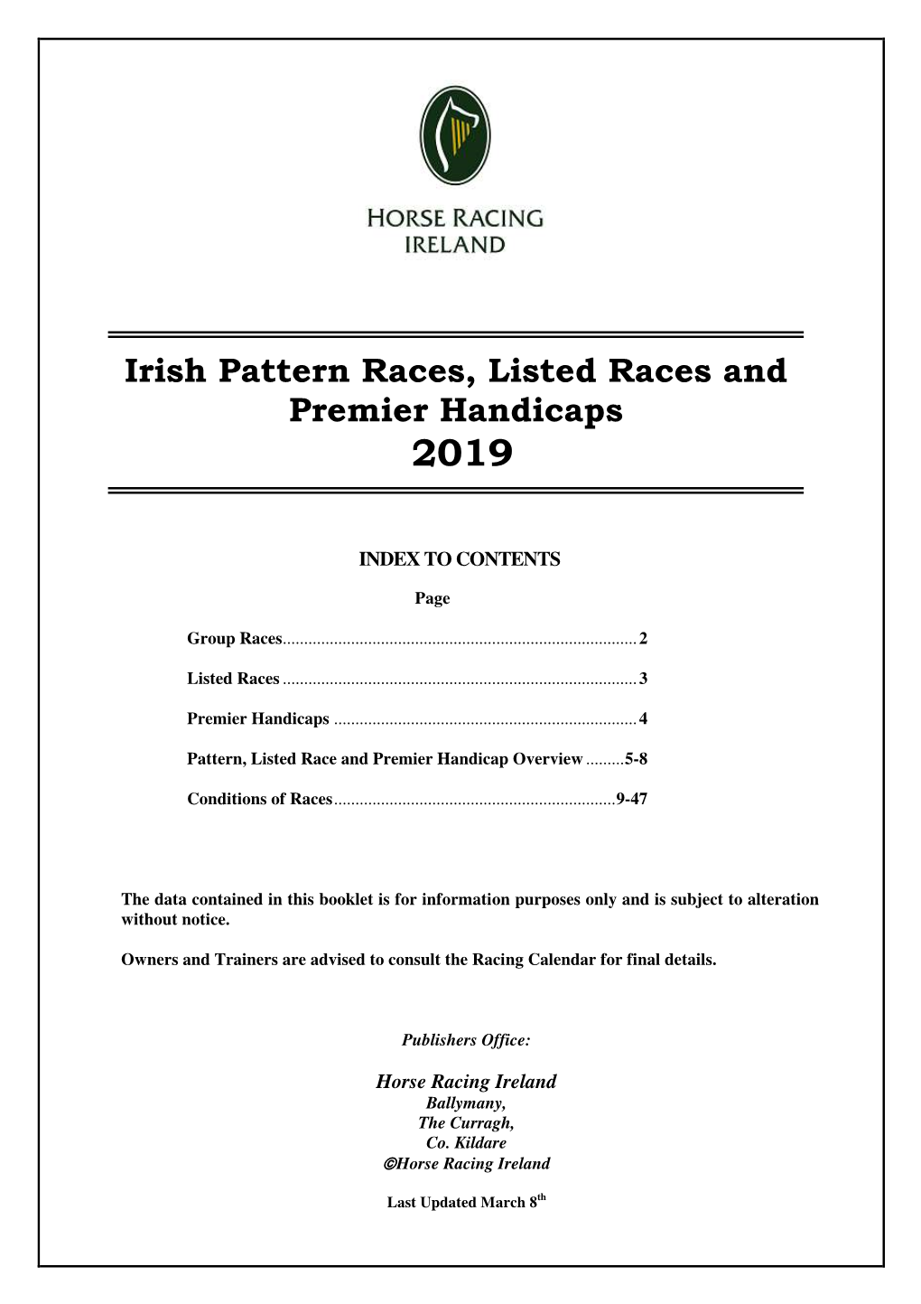 Irish Pattern Races, Listed Races and Premier Handicaps 2019