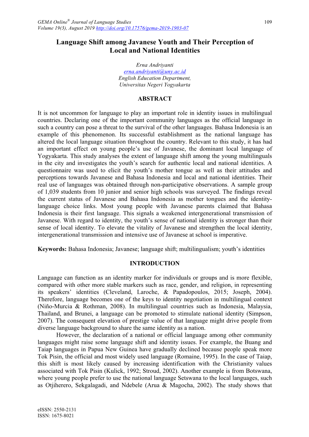 Language Shift Among Javanese Youth and Their Perception of Local and National Identities