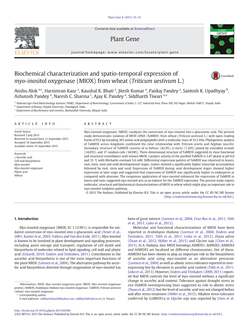 Biochemical Characterization and Spatio-Temporal Expression of Myo-Inositol Oxygenase (MIOX) from Wheat (Triticum Aestivum L.)