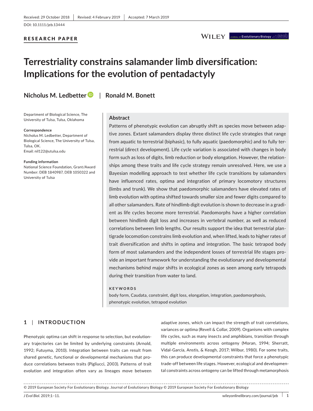 Terrestriality Constrains Salamander Limb Diversification: Implications for the Evolution of Pentadactyly