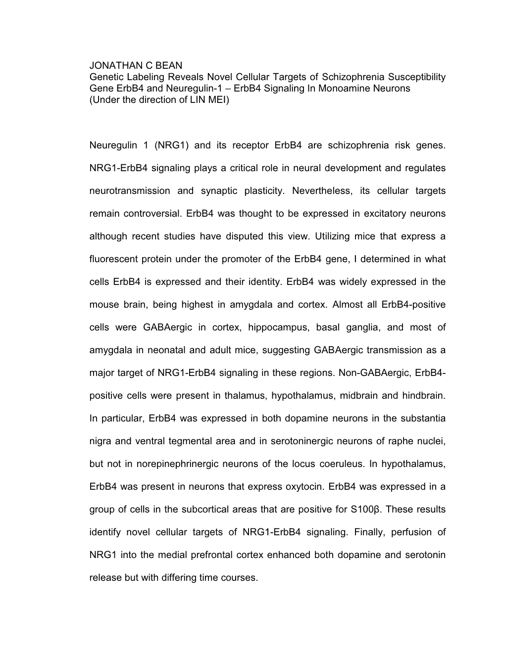 JONATHAN C BEAN Genetic Labeling Reveals Novel Cellular