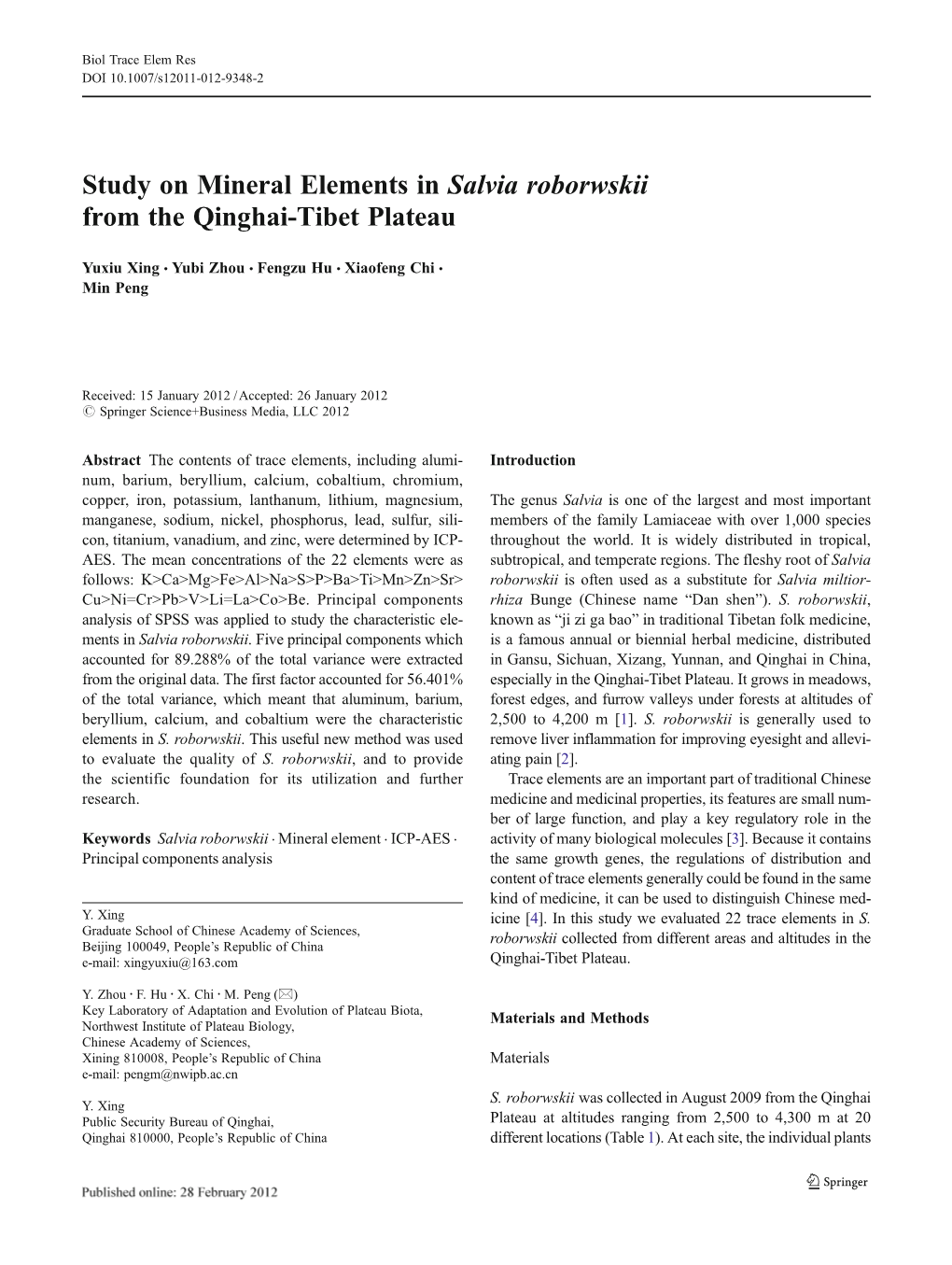 Study on Mineral Elements in Salvia Roborwskii from the Qinghai-Tibet Plateau