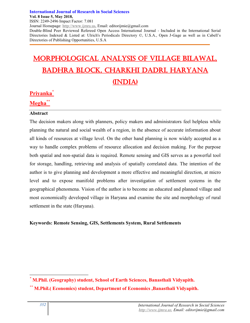 Morphological Analysis of Village Bilawal, Badhra Block, Charkhi