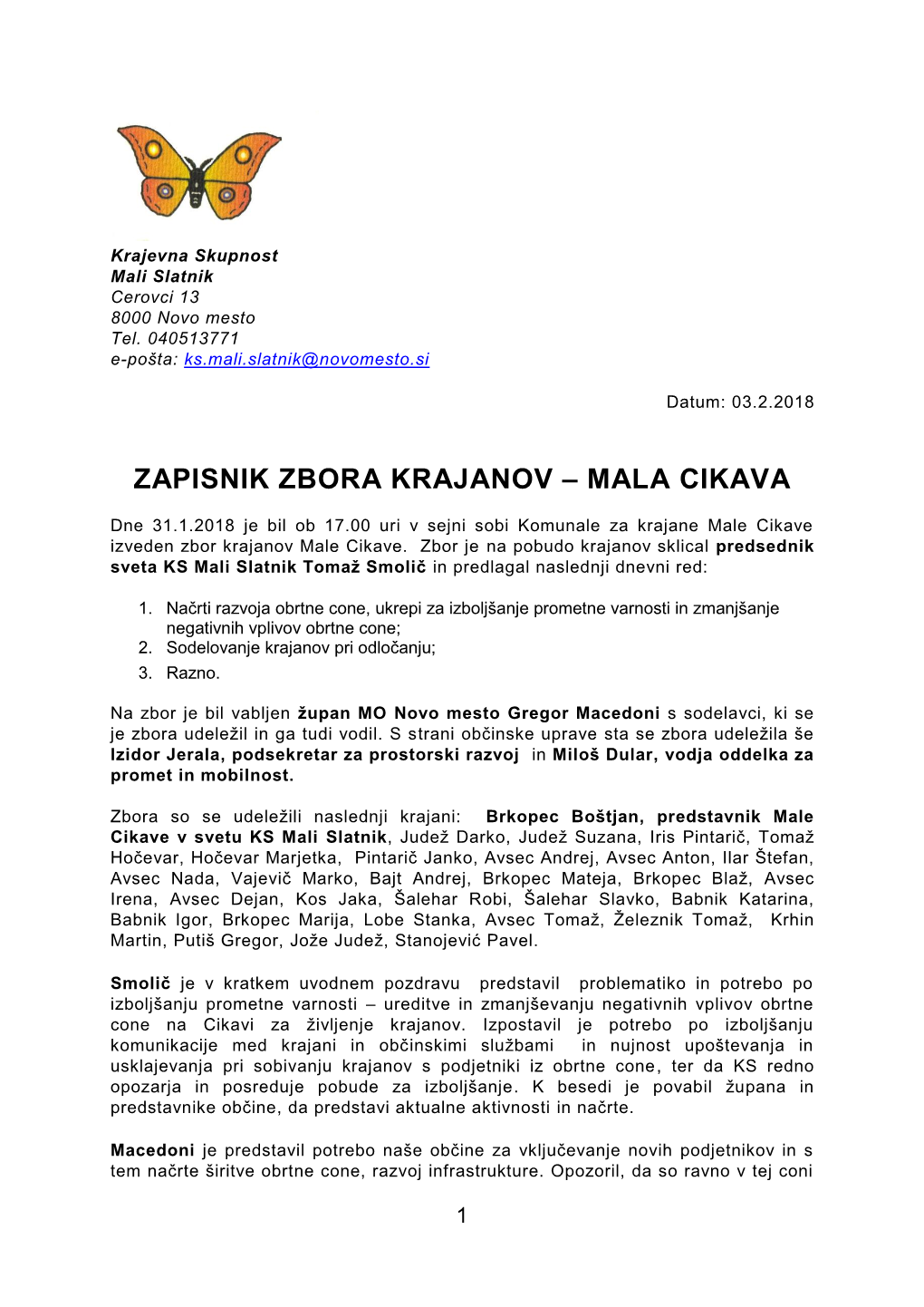 Zapisnik Zbora Krajanov – Mala Cikava