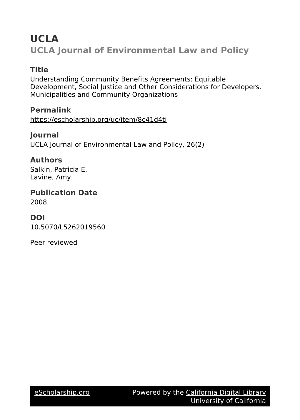 Understanding Community Benefits Agreements: Equitable Development, Social Justice and Other Considerations for Developers, Municipalities and Community Organizations