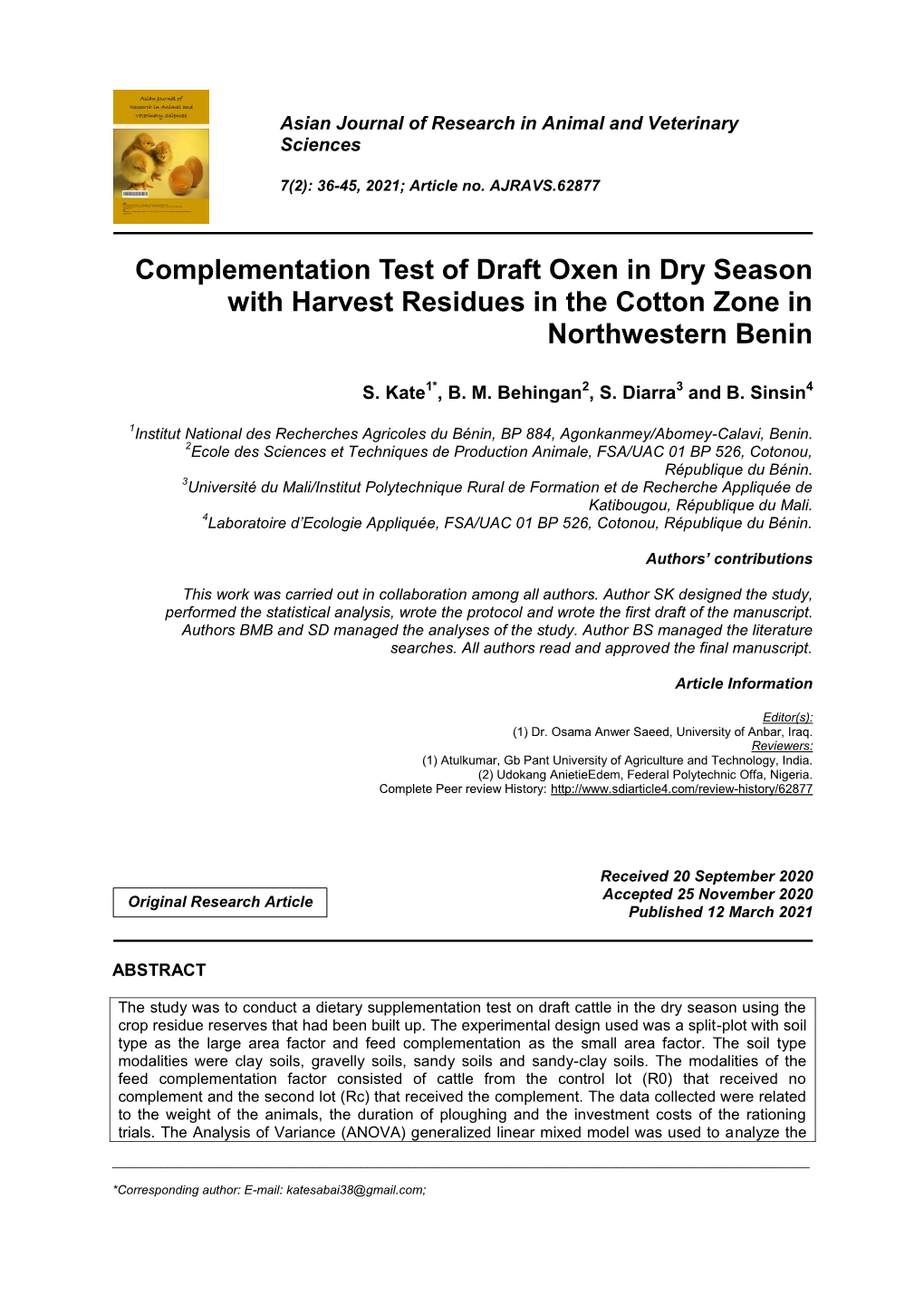 Complementation Test of Draft Oxen in Dry Season with Harvest Residues in the Cotton Zone in Northwestern Benin