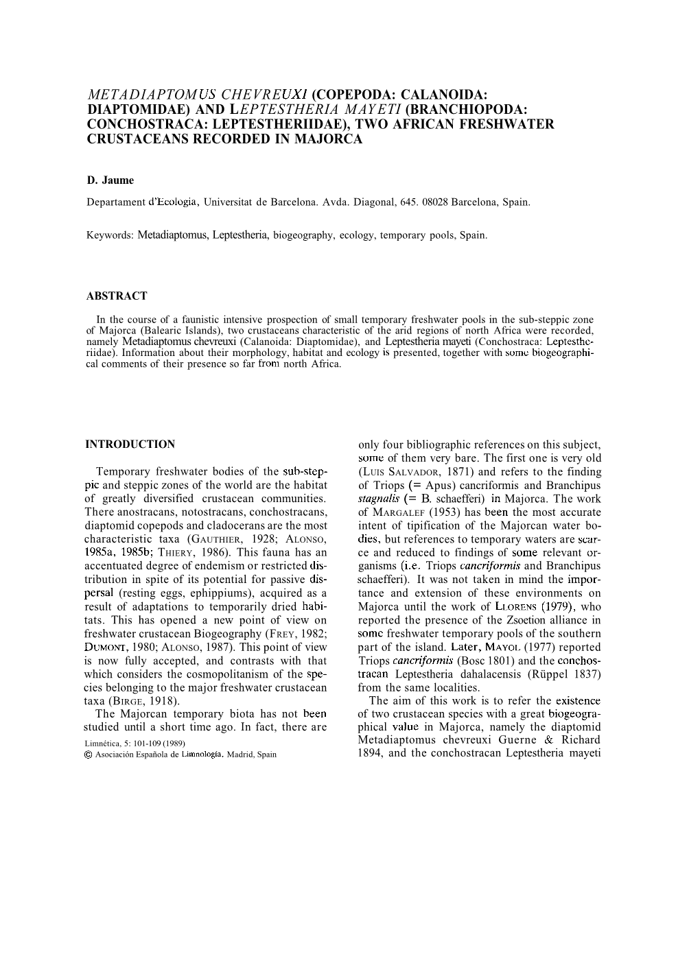 Metadiaptomus Chevreuxi and Leptestheria Mayeti