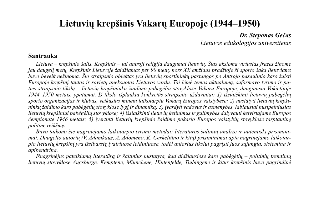 Lietuvių Krepšinis Vakarų Europoje (1944–1950) Dr