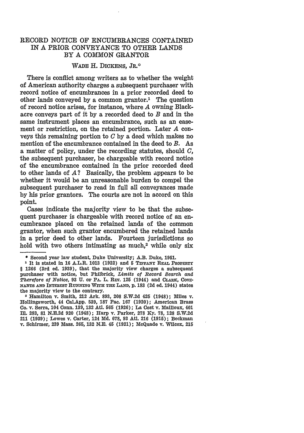 Record Notice of Encumbrances Contained in a Prior Conveyance to Other Lands by a Common Grantor Wade H