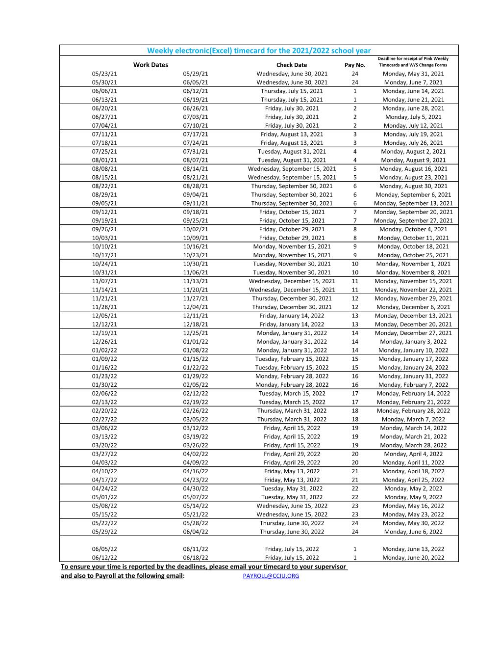 2021-22 Weekly Timecard Schedule