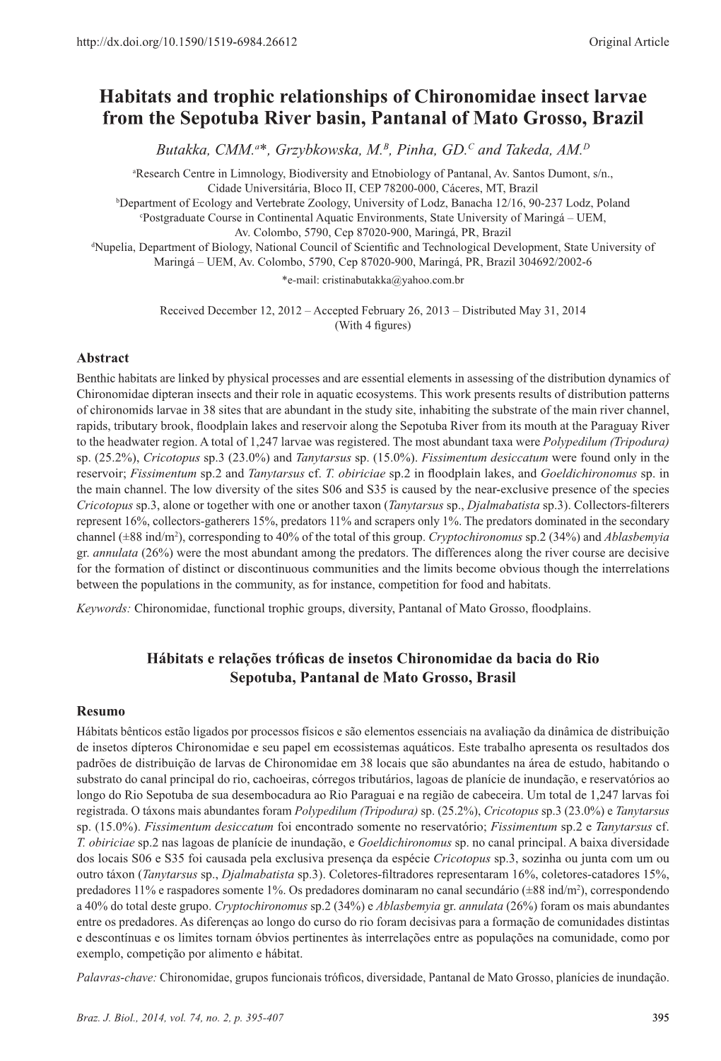 Habitats and Trophic Relationships of Chironomidae Insect Larvae From