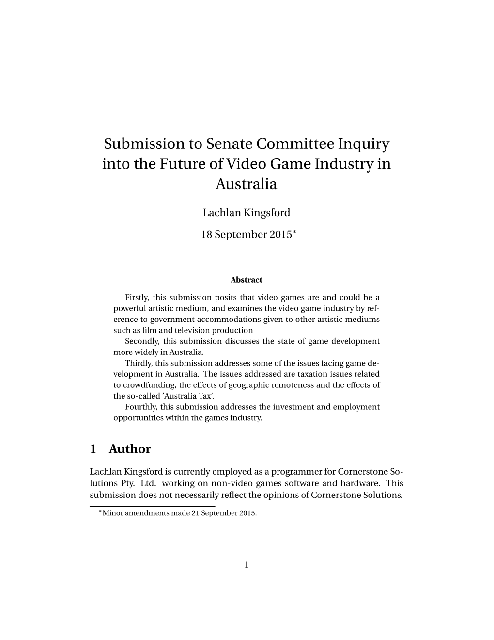 Submission to Senate Committee Inquiry Into the Future of Video Game Industry in Australia