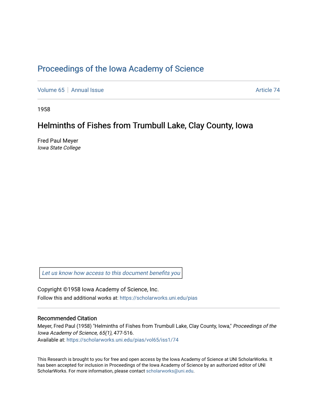 Helminths of Fishes from Trumbull Lake, Clay County, Iowa