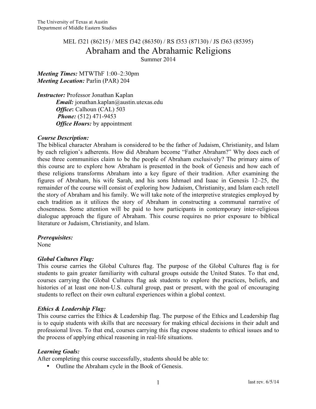 Abraham and the Abrahamic Religions Syllabus Summer 2014