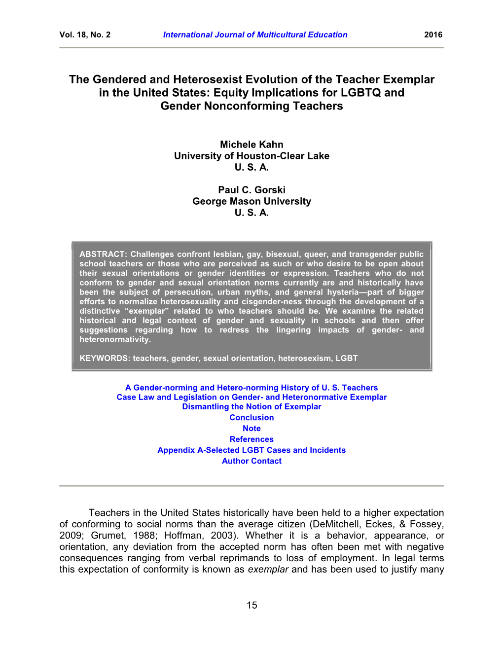 The Gendered and Heterosexist Evolution of the Teacher Exemplar in the United States: Equity Implications for LGBTQ and Gender Nonconforming Teachers