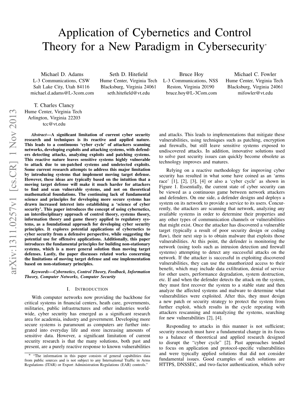 Application of Cybernetics and Control Theory for a New Paradigm in Cybersecurity∗