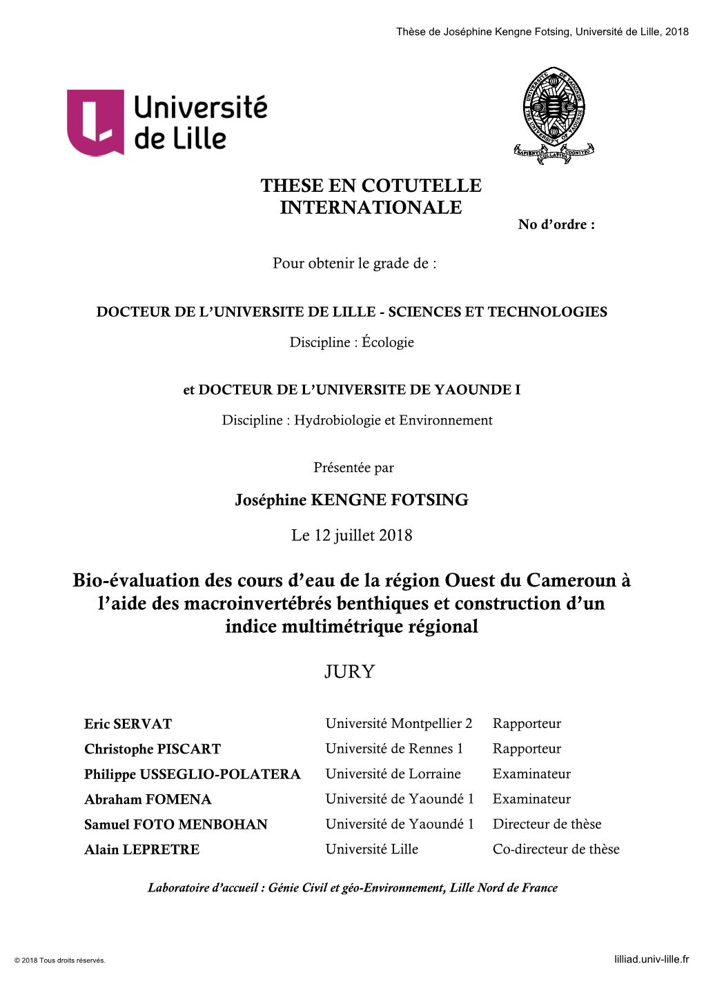 Bio-Évaluation Des Cours D'eau De La Région Ouest Du Cameroun À L'aide