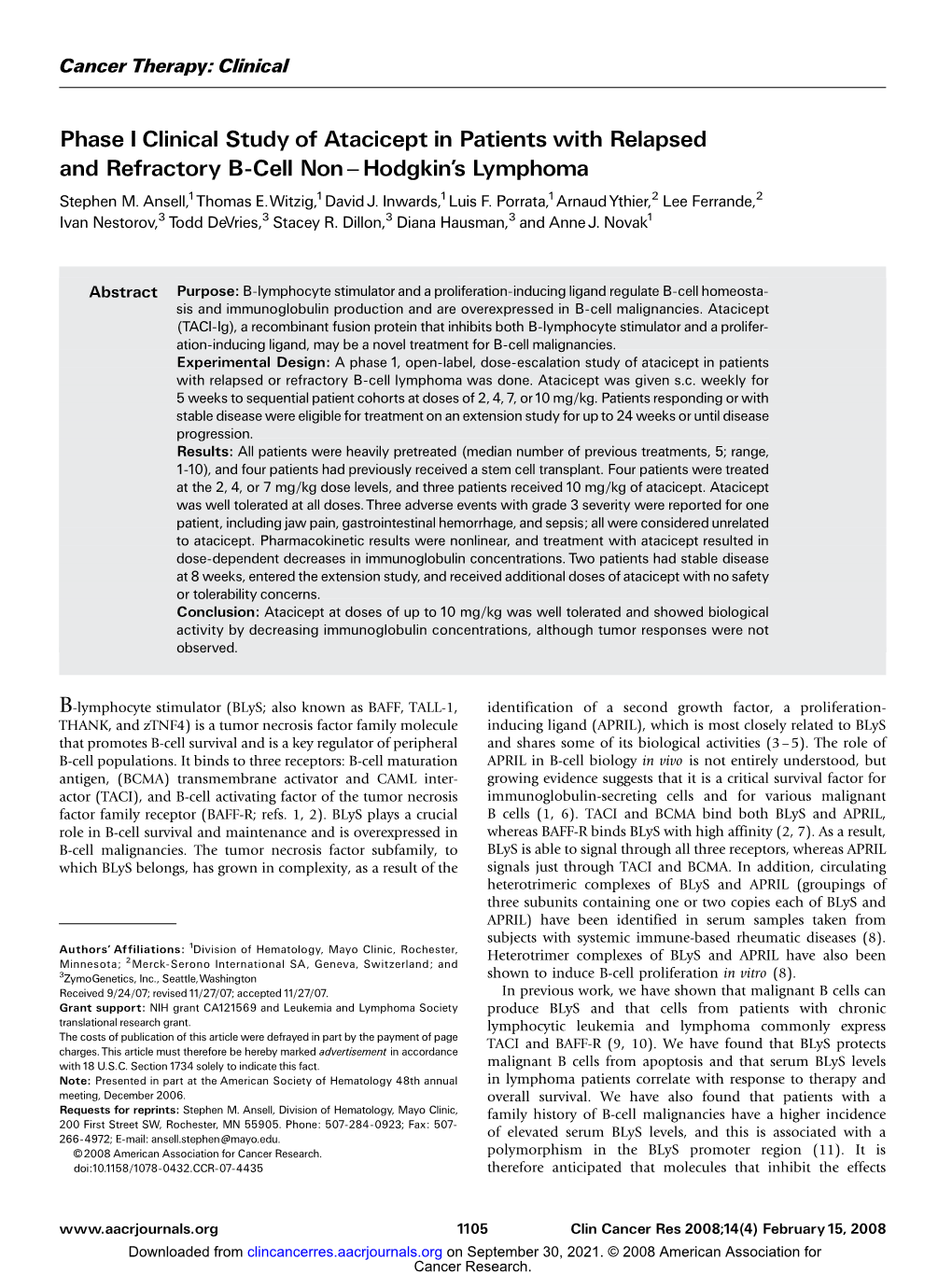 Phase I Clinical Study of Atacicept in Patients with Relapsed and Refractory B-Cell Non ^ Hodgkin’S Lymphoma Stephen M