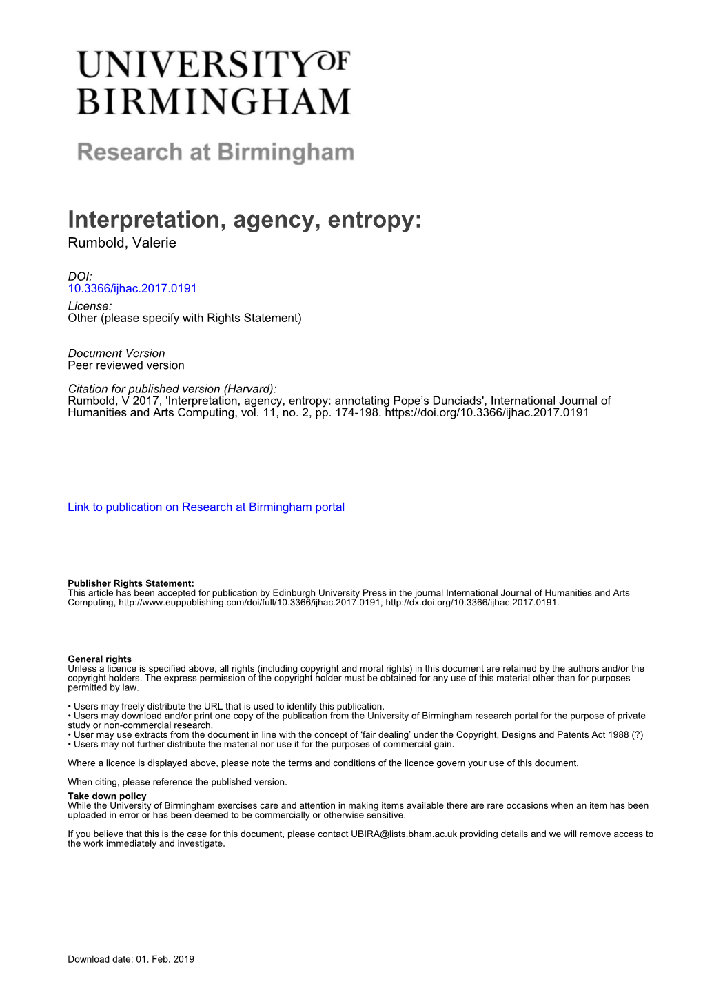 Interpretation, Agency, Entropy: Rumbold, Valerie