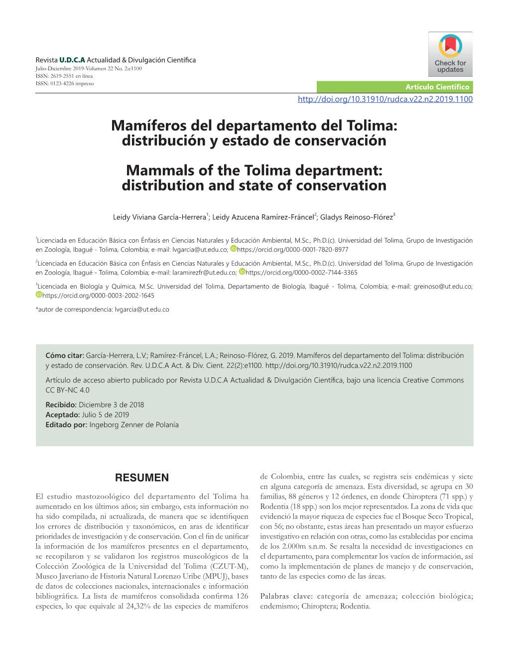 Mamíferos Del Departamento Del Tolima: Distribución Y Estado De Conservación Mammals of the Tolima Department: Distribution and State of Conservation