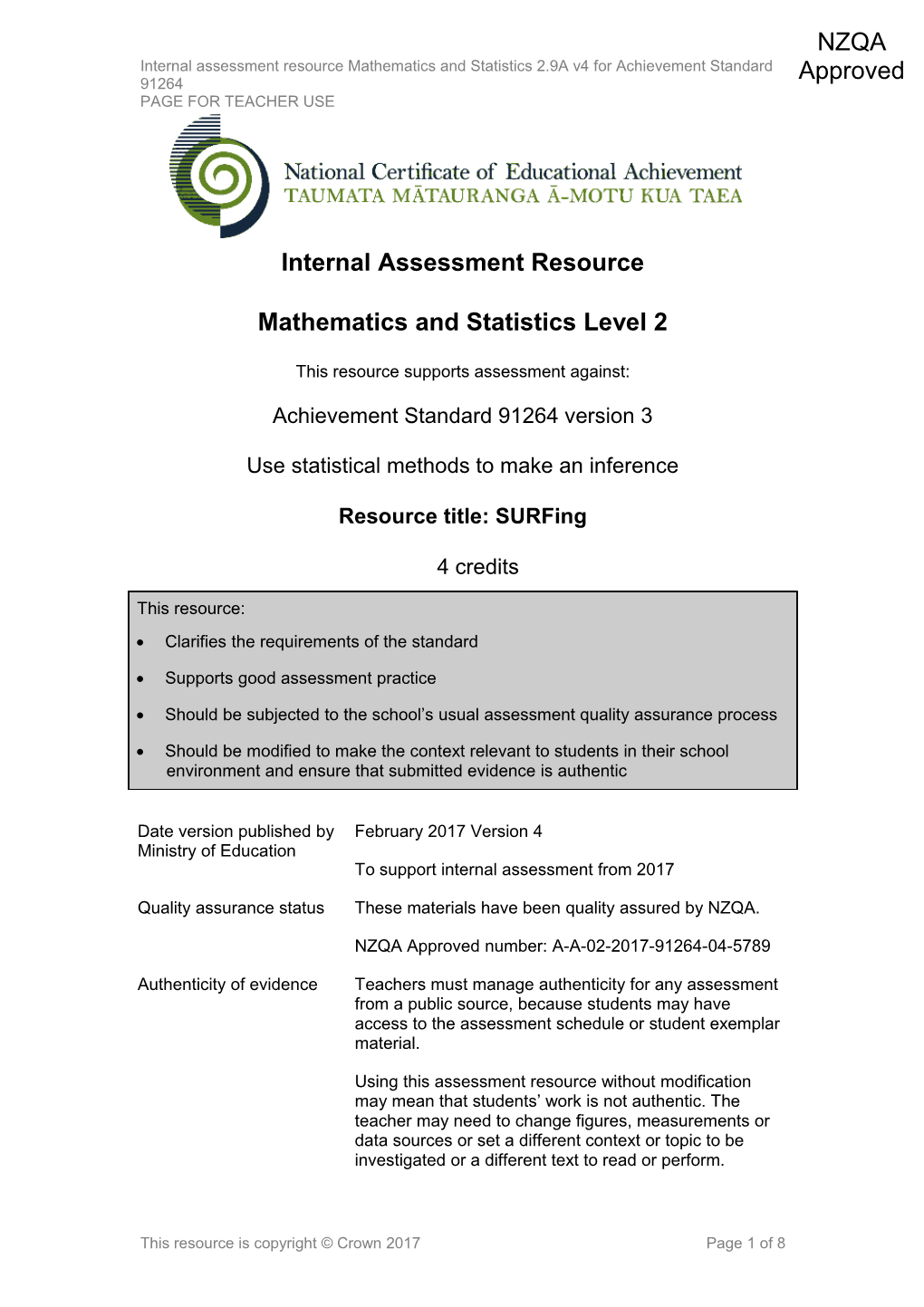 Level 2 Mathematics and Statistics Internal Assessment Resource