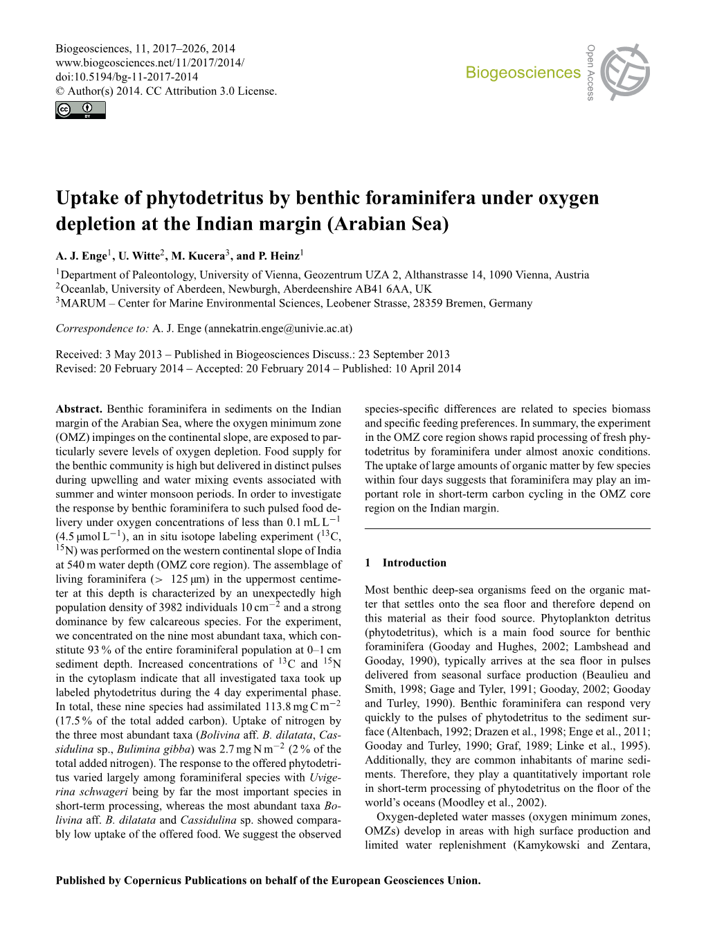 Uptake of Phytodetritus by Benthic Foraminifera Under Oxygen Depletion at the Indian Margin (Arabian Sea)