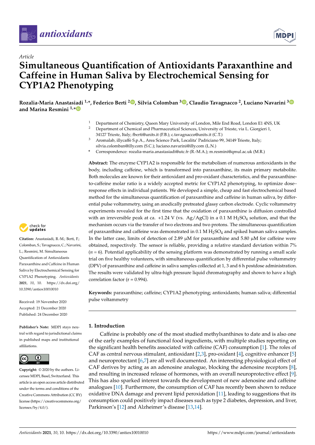 Simultaneous Quantification of Antioxidants Paraxanthine