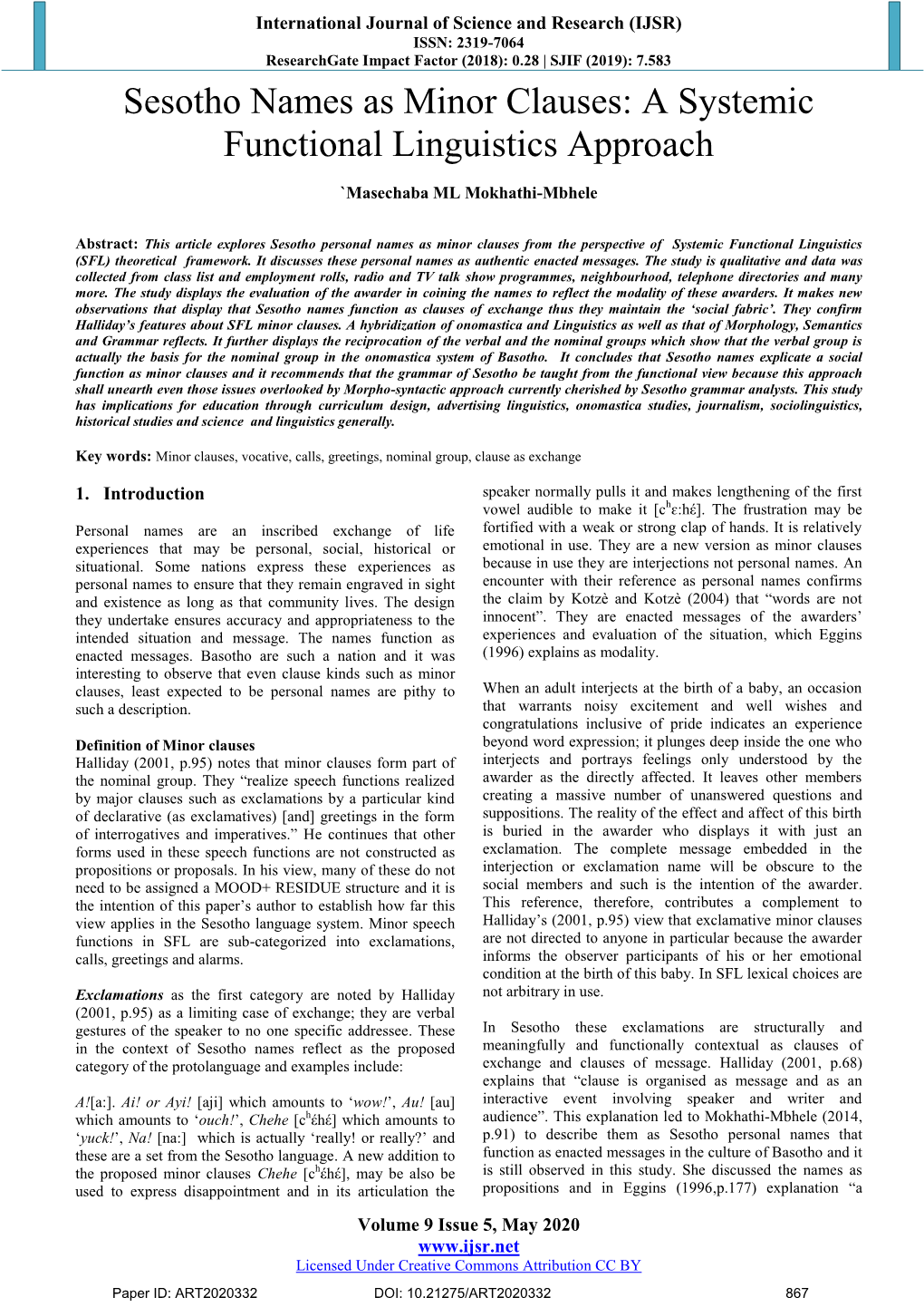 Sesotho Names As Minor Clauses: a Systemic Functional Linguistics Approach