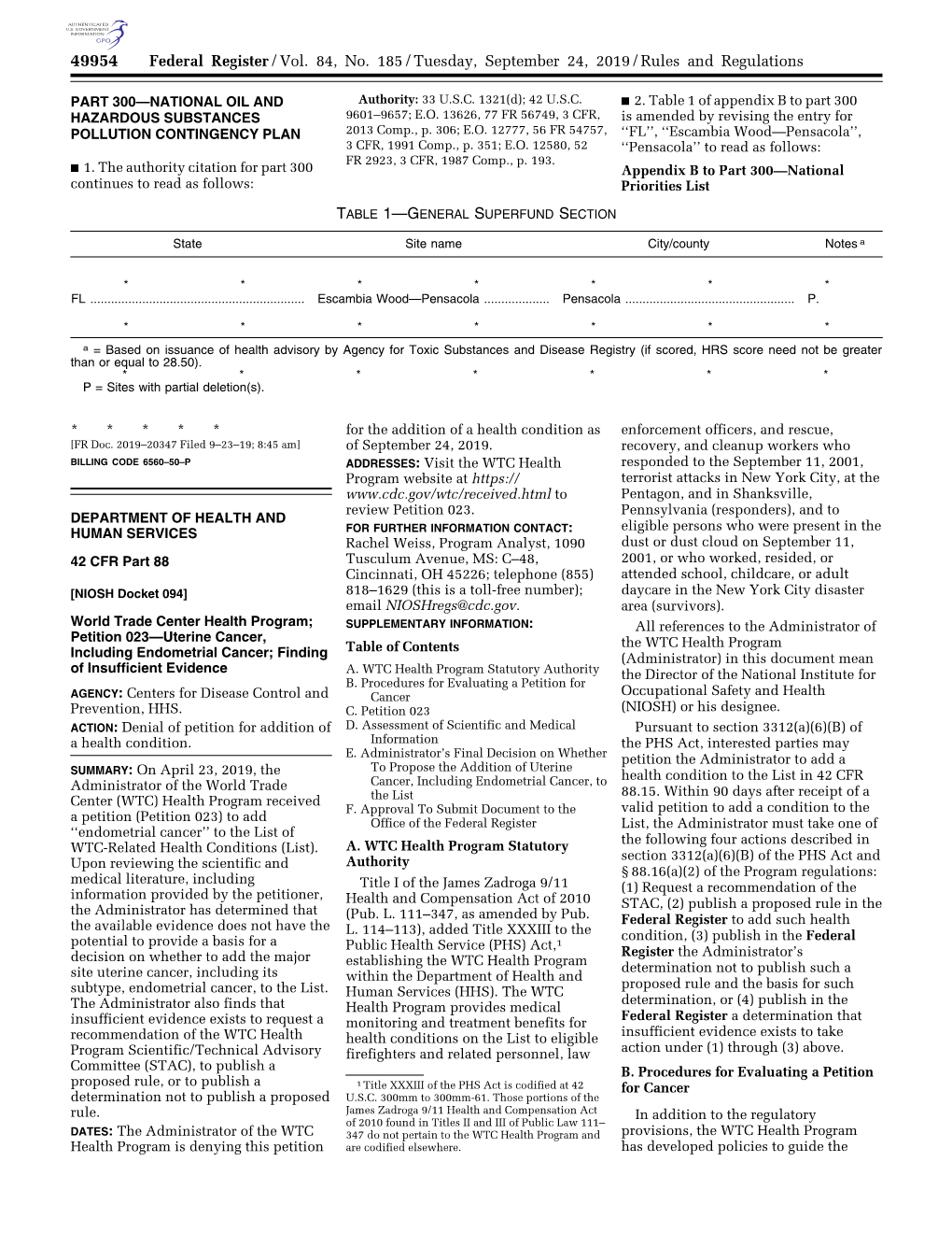 Uterine Cancer, Including Endometrial Cancer, to Health Condition to the List in 42 CFR Administrator of the World Trade 88.15