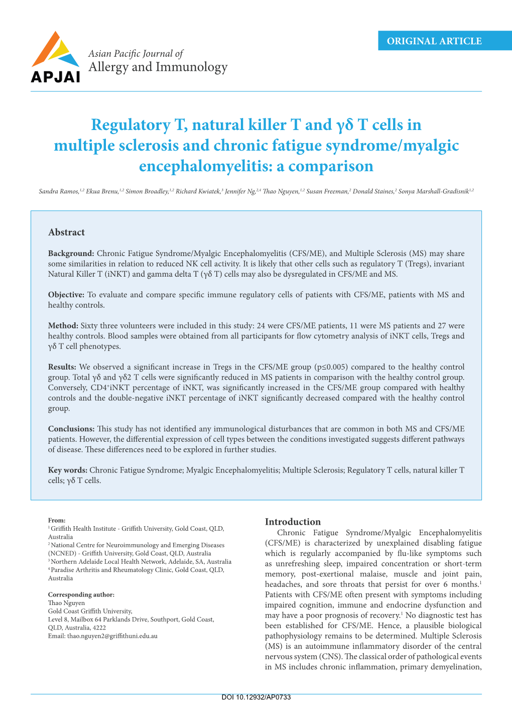 Regulatory T, Natural Killer T and Γδ T Cells in Multiple Sclerosis and Chronic Fatigue Syndrome/Myalgic Encephalomyelitis: a Comparison