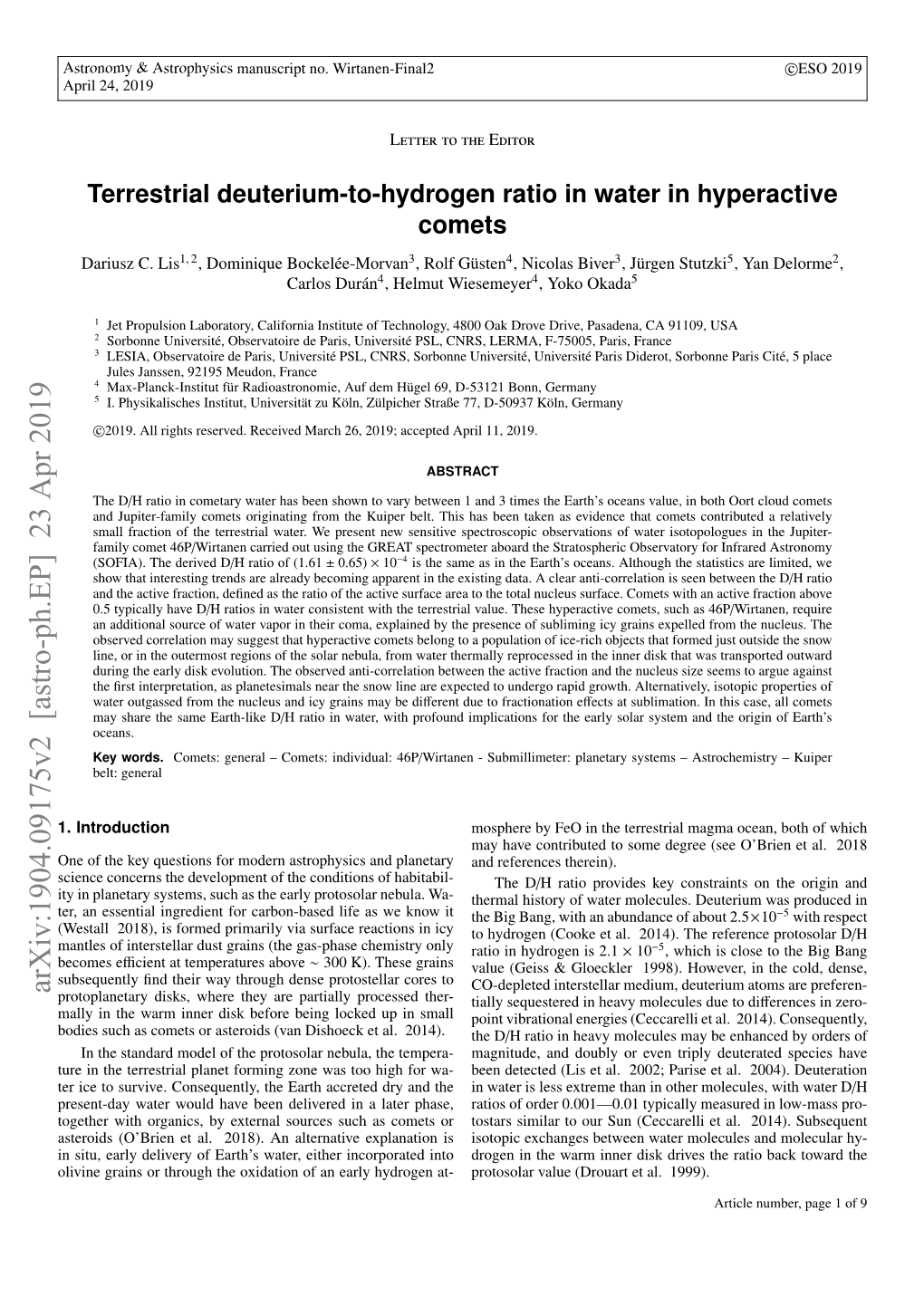 Terrestrial Deuterium-To-Hydrogen Ratio in Water in Hyperactive Comets Dariusz C