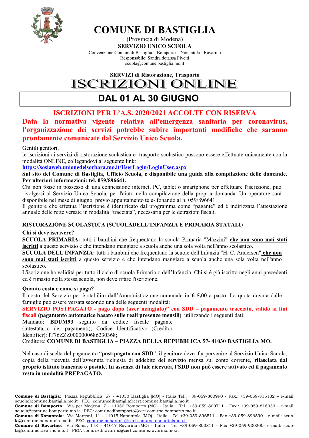 COMUNE DI BASTIGLIA (Provincia Di Modena) SERVIZIO UNICO SCUOLA