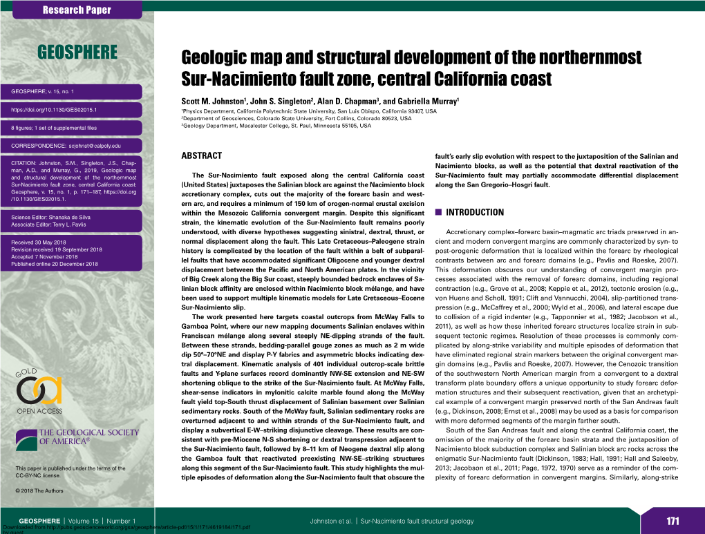 Geologic Map and Structural Development of the Northernmost Sur‑Nacimiento Fault Zone, Central California Coast GEOSPHERE; V