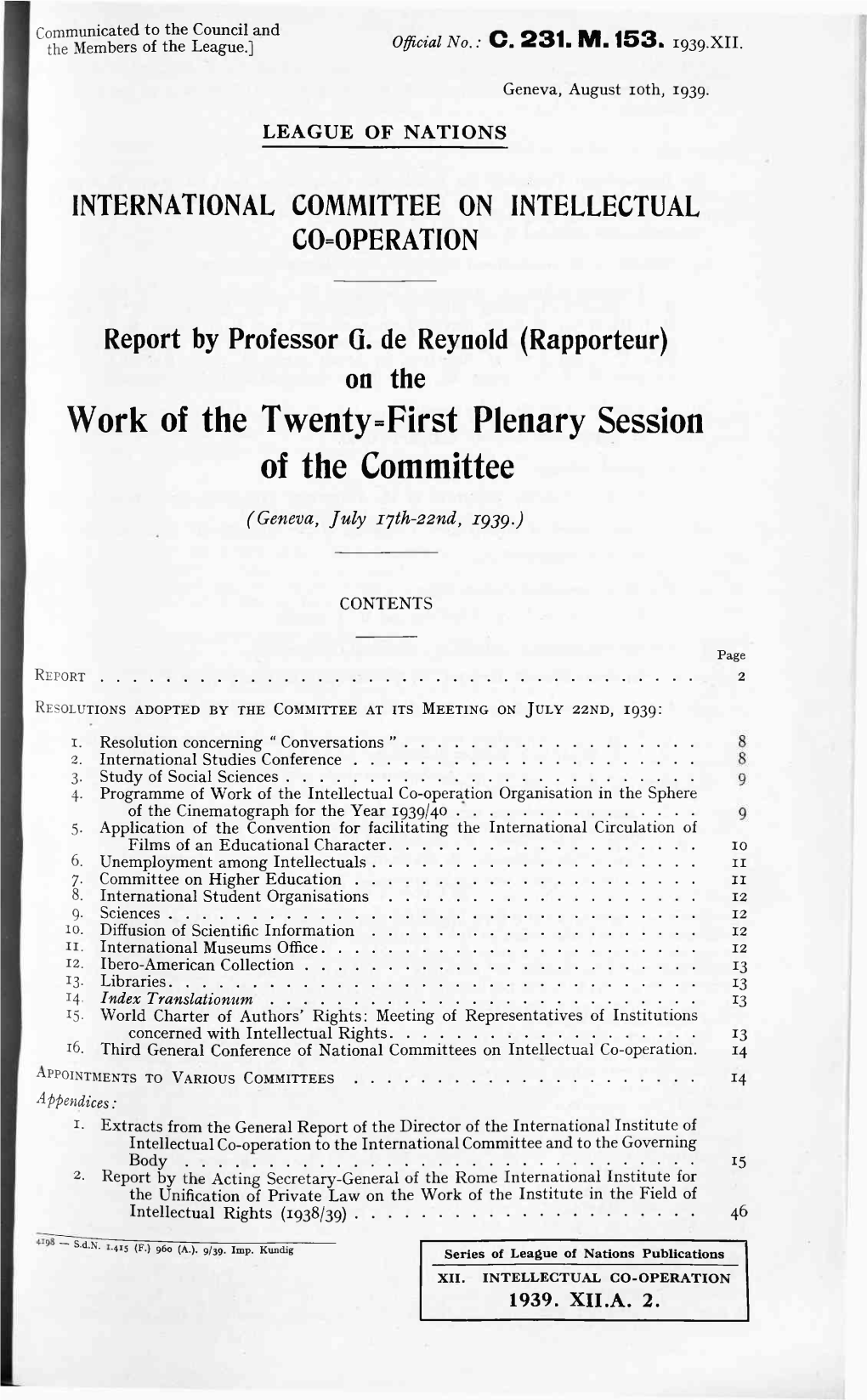 Work of the Twenty=First Plenary Session of the Committee