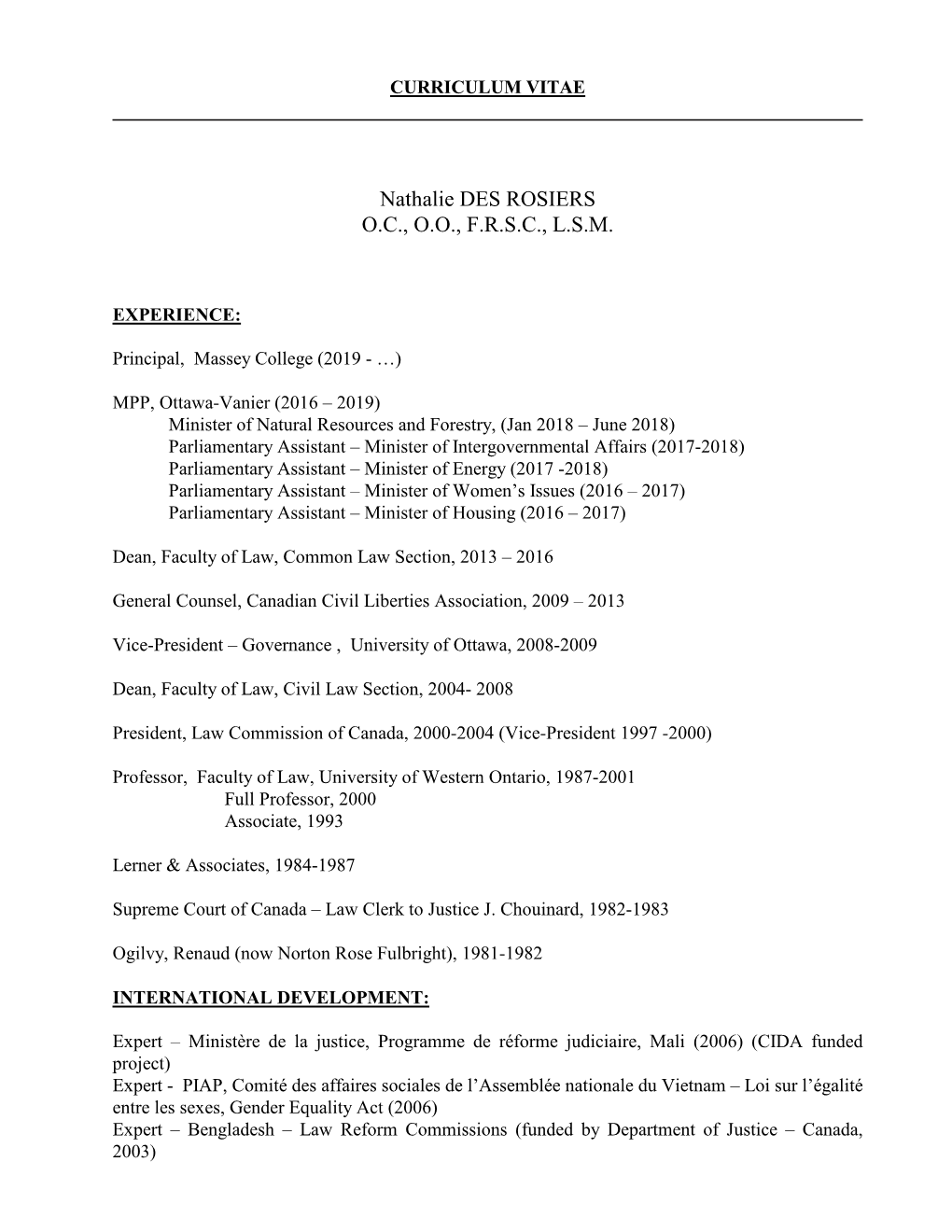 Nathalie Des Rosiers CV English