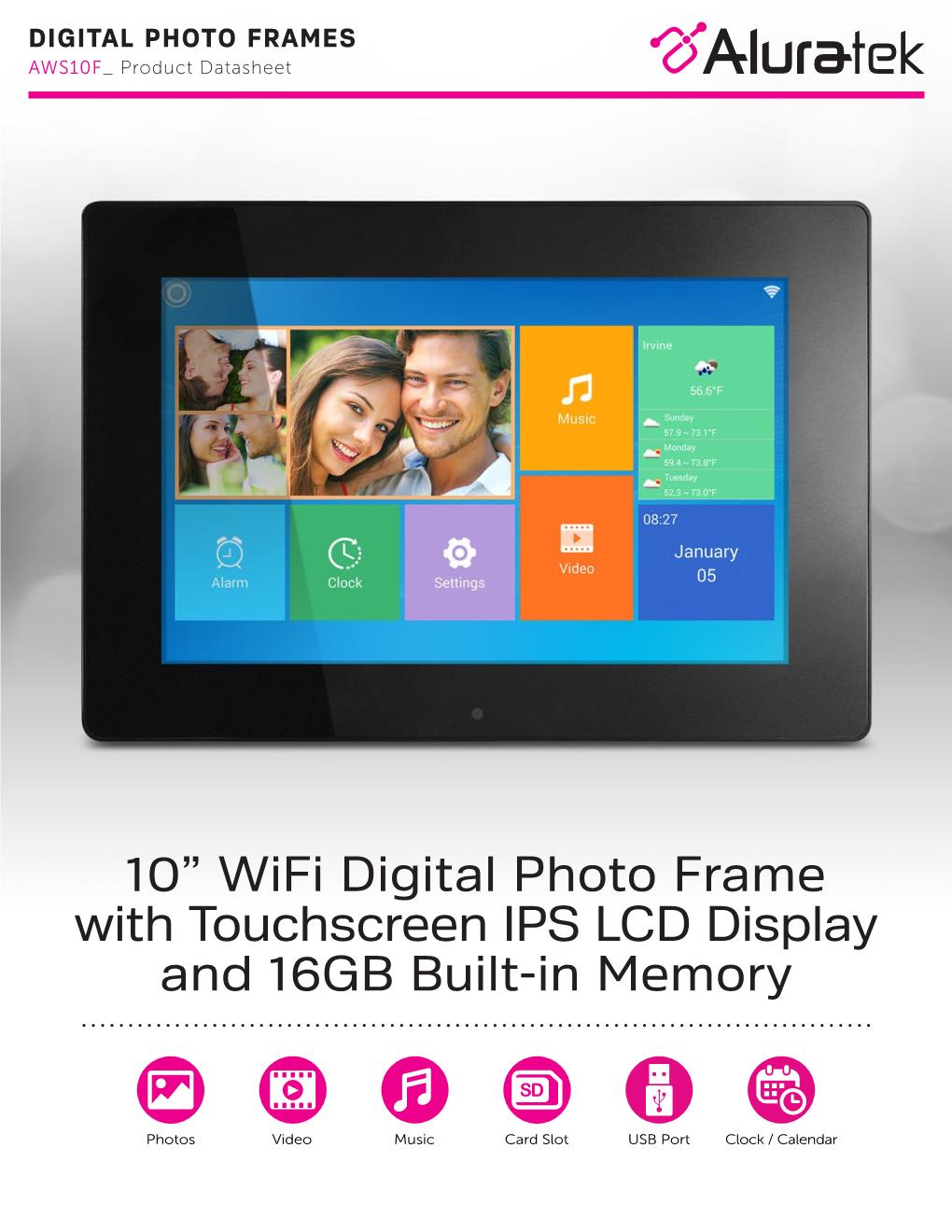 10” Wifi Digital Photo Frame with Touchscreen IPS LCD Display and 16GB Built-In Memory