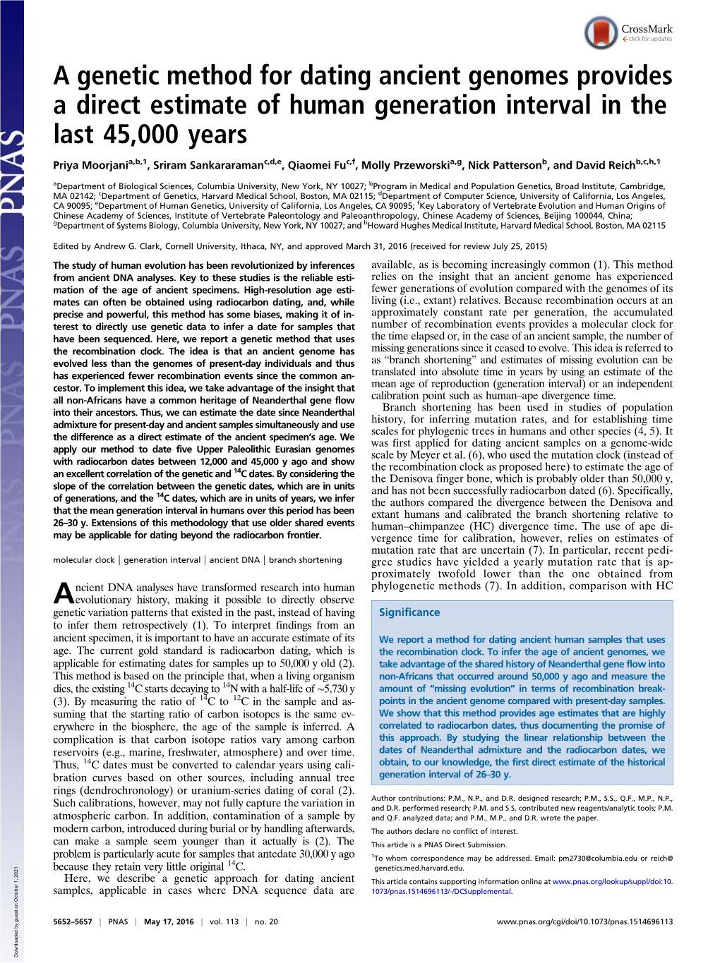 A Genetic Method for Dating Ancient Genomes Provides a Direct Estimate of Human Generation Interval in the Last 45,000 Years