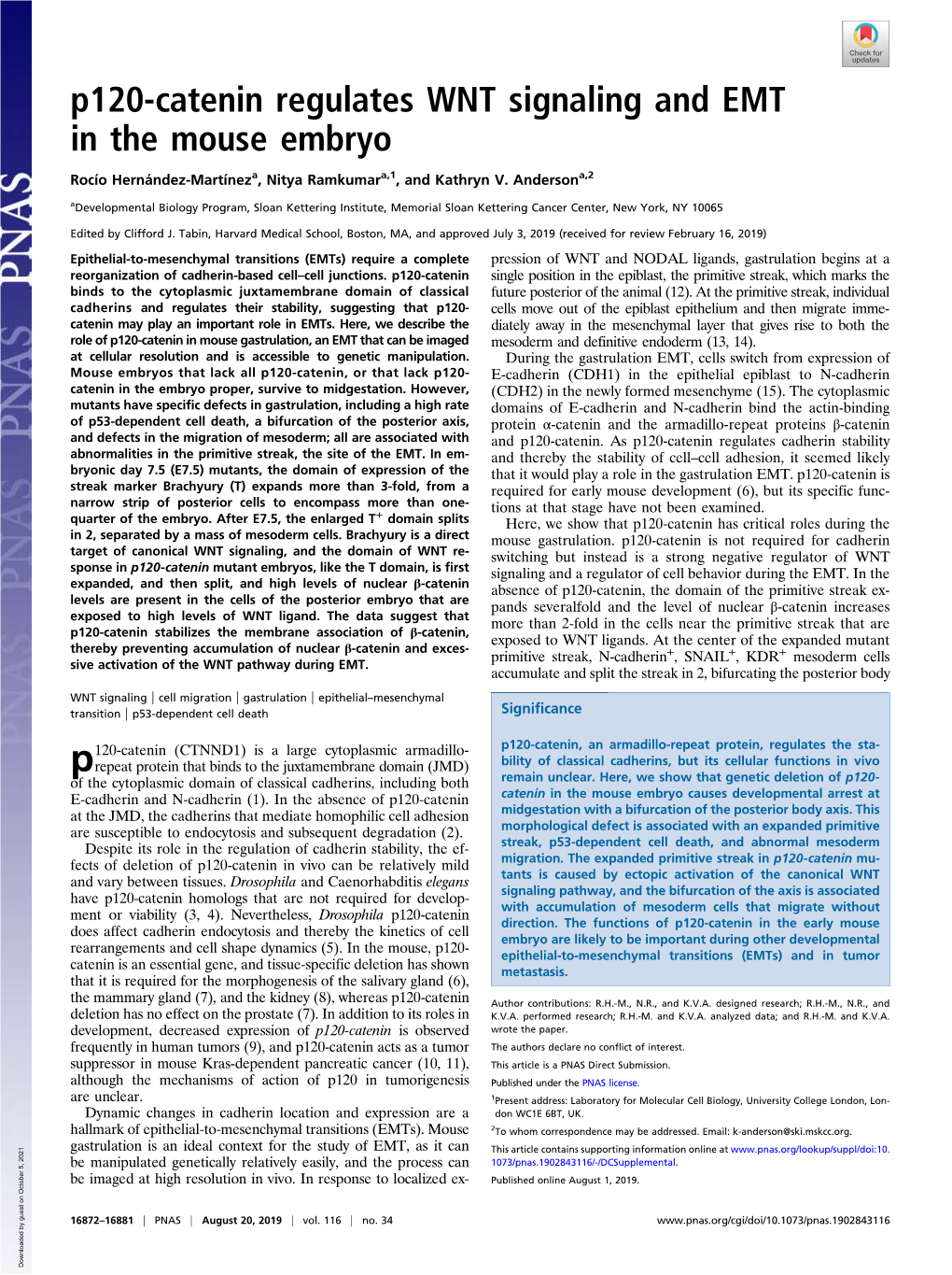 P120-Catenin Regulates WNT Signaling and EMT in the Mouse Embryo