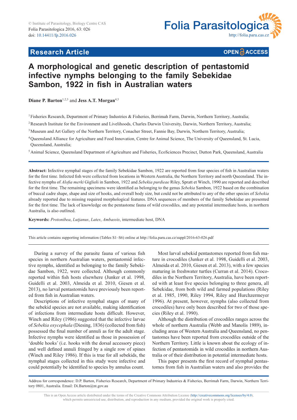 A Morphological and Genetic Description of Pentastomid Infective Nymphs Belonging to the Family Sebekidae Sambon, 1922 in Fish in Australian Waters