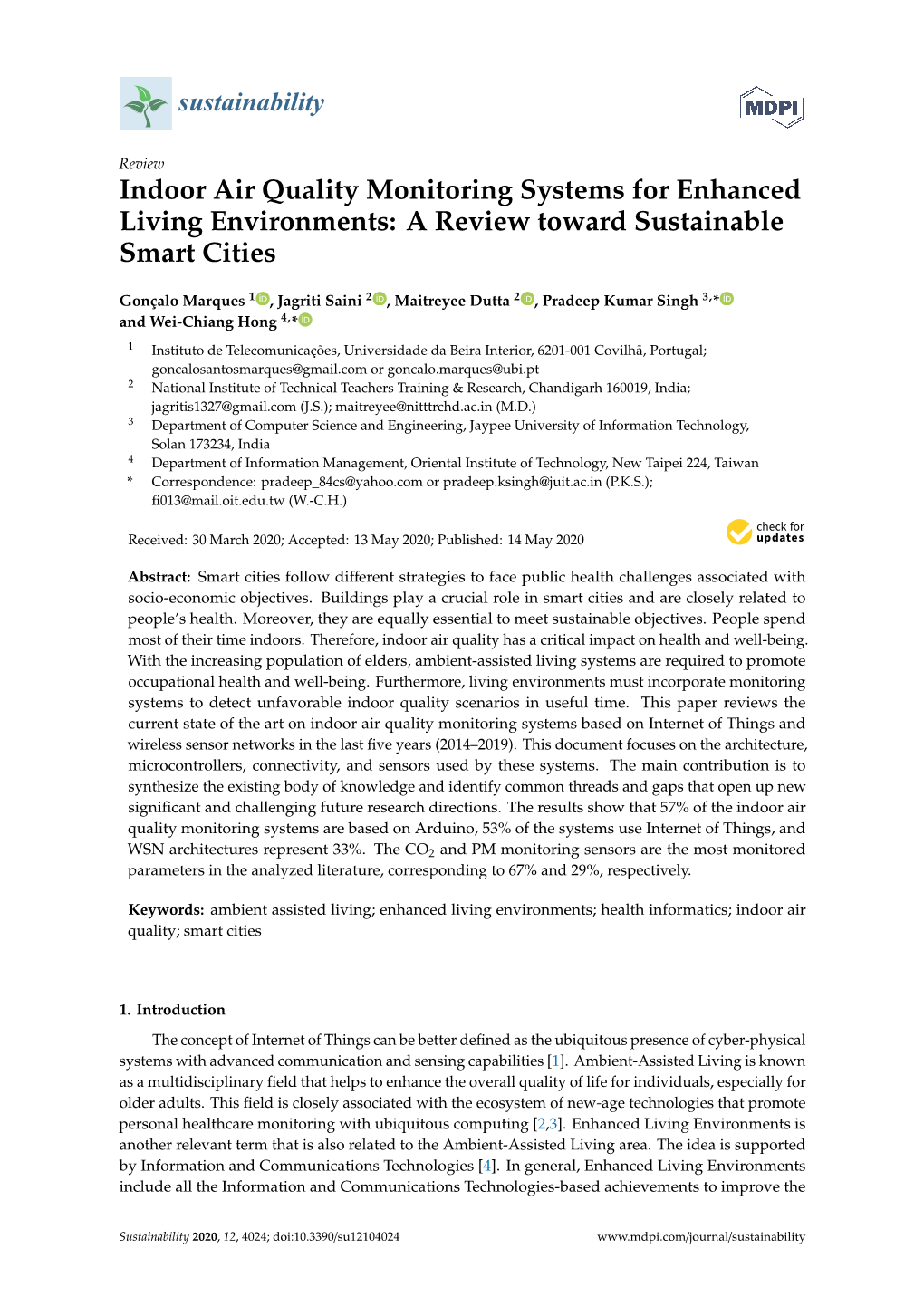 Indoor Air Quality Monitoring Systems for Enhanced Living Environments: a Review Toward Sustainable Smart Cities